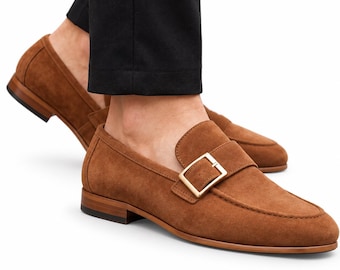 Men's Brown Suede Loafers, Buckle Strap Dress Shoes, Casual Slip On Moccasins, Elegant Business & Wedding Footwear