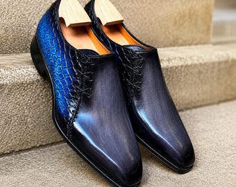 Bespoke Handmade Two Tone Leather Side Lace Up Oxford Whole cut Shoes For Men