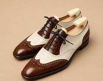Men's Handmade Two Tone Leather Oxford Brogue Wing Tip White Brown Shoes Men Shoe
