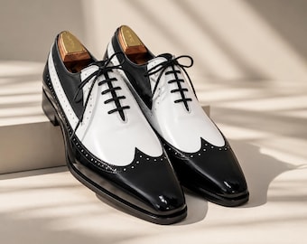 Men's Black White Spectator Oxford Shoes, Wingtip Leather Dress Shoes, Handmade Formal Wedding Office Shoes, Classic Lace Up