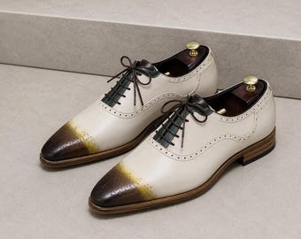 Handmade Men's Tan & Green Whole cut Leather Oxford Lace Up Dress Shoes
