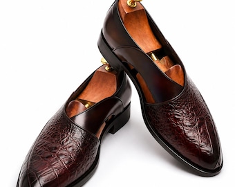 Men's Handmade Dark Brown Crocodile Embossed Leather Loafers, Luxury Slip On Dress Shoes, Formal Wedding Business Shoes