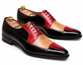 Men's Handmade Multicolor Leather Oxford Shoes, Cap Toe Dress Shoes, Luxury Formal Wedding Business Office Footwear