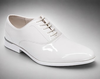 White Patent Leather Oxford Shoes for Men | Glossy Formal Dress Shoes | Wedding Groom Shoes | Classic Lace Up Oxford Footwear
