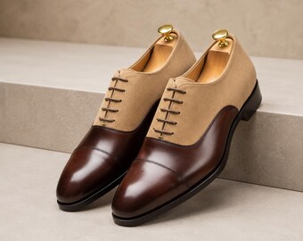 Men's Handmade Skin Beige Suede & Brown Leather Oxford Dress Shoes formal boots