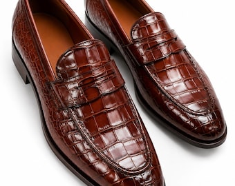 Men's Handmade Brown Leather Crocodile Moccasin Leather Dress Formal Men Shoes