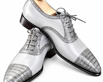 Men's White Dress Shoes, Silver Crocodile Pattern Oxford Shoes, Lace Up Formal Footwear, Elegant Wedding & Business Shoes