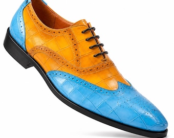 Blue and Orange Two Tone Oxford Shoes for Men, Handmade Brogue Dress Shoes, Unique Colorful Formal Shoes, Stylish Wedding Footwear