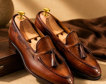 Brown Leather Tassel Loafers for Men, Handmade Dress Shoes, Luxury Slip On Formal Shoes, Wedding Business Office Footwear