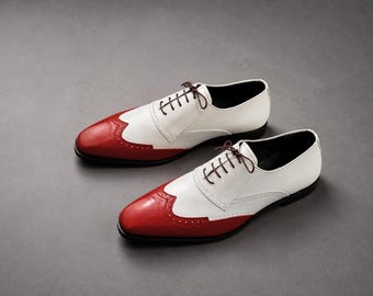 Red White Spectator Oxford Shoes for Men | Two Tone Leather Dress Shoes | Vintage Wingtip Wedding Groom Formal Lace Up Shoes