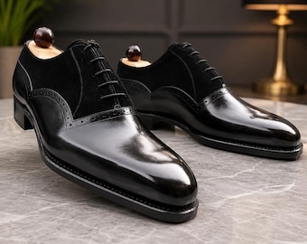 Men's Handmade Black Real Leather Oxford Two Tone Suede Black Formal Dress Shoe