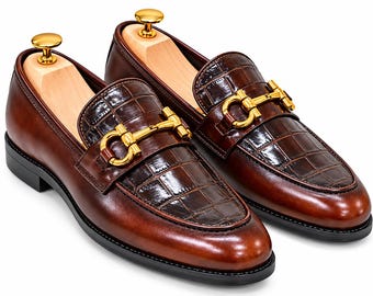 Men's Brown Leather Loafers, Horsebit Dress Shoes, Crocodile Embossed Slip On Shoes, Luxury Formal Wedding Shoes, Classic Men's Footwear