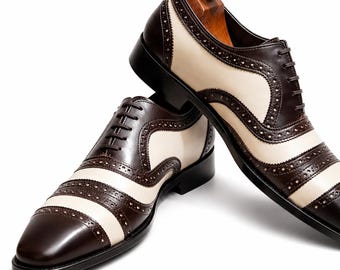 Men's Handmade Brown & Cream Spectator Oxford Shoes, Leather Wingtip Brogue Dress Shoes, Vintage Wedding Formal Footwear