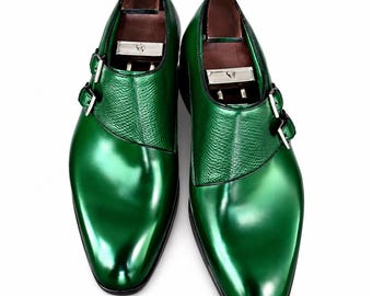 Emerald Green Double Monk Strap Shoes for Men, Luxury Leather Dress Shoes, Formal Wedding Shoes, Handmade Italian Style Footwear
