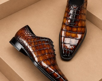 Handmade New Mens Brown Crocodile Texture Leather Formal Oxford Dress Shoes