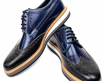 Navy Blue and Black Brogue Oxford Shoes for Men, Handmade Leather Dress Shoes, Unique Two Tone Formal Wedding Footwear