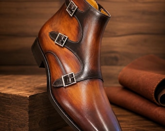 Handmade Men's Brown Leather Boots High Ankle Triple Monk Strap Formal Dress