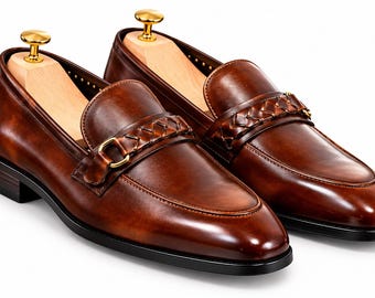 Men's Brown Leather Loafers, Horsebit Monk Strap Dress Shoes, Woven Slip On Formal Footwear, Elegant Wedding & Business Shoes