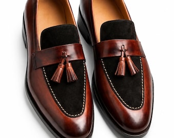 Men Handmade Leather Shoes Two Tone Brown & Black Moccasins Formal Dress Loafers
