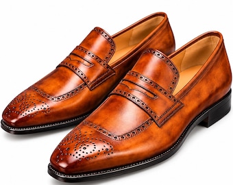 Men's Brown Leather Penny Loafers, Wingtip Brogue Dress Shoes, Slip On Formal Shoes, Business Wedding Footwear, Classic Mens Shoes