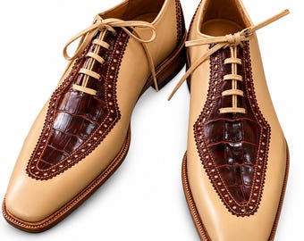 Men's Tan Leather Oxford Shoes, Brown Crocodile Accent Dress Shoes, Handmade Lace Up Formal Footwear, Wedding & Business Shoes