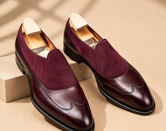 Men's Burgundy Leather Suede Belgian Loafers, Handmade Slip On Dress Shoes, Luxury Formal Wedding Shoes
