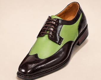 Black Green Wingtip Derby Shoes for Men | Two Tone Leather Brogue Dress Shoes | Handmade Vintage Wedding Groom Formal Footwear