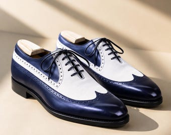 Men's Navy Blue White Spectator Oxford Shoes, Wingtip Leather Dress Shoes, Handmade Formal Wedding Lace Up Shoes