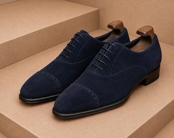 Men Genuine Handmade Blue Suede Leather Shoes Lace-Up Formal Dress Cap-Toe Shoe