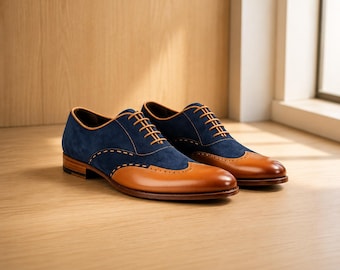 Men's Handmade Two Tone Formal Shoes Tan Leather & Blue Suede Dress Brogue Shoes