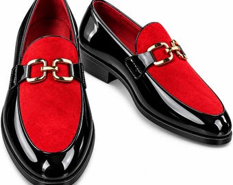 Black Red Horsebit Loafers for Men, Patent Leather Slip On Dress Shoes, Luxury Formal Wedding Shoes, Gold Buckle Men's Footwear