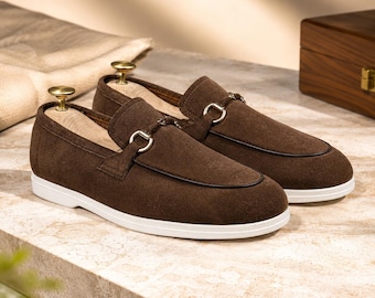 Men’s Handmade Dark Brown Suede Leather Loafers Slip On Dress Casual Shoes