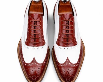 Men's Handmade Two-Tone Wingtip Leather Shoes Brogue Oxford Lace up Dress Shoe