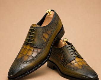 New Pure Handmade Men's Olive Green Leather Derby Wingtip Lace up Formal Shoes