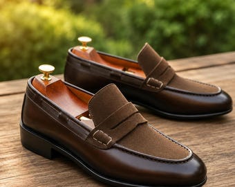 Men's Brown Leather Penny Loafers, Handmade Dress Shoes, Classic Slip On Loafers, Business Casual Office Shoes, Luxury Men's Footwear