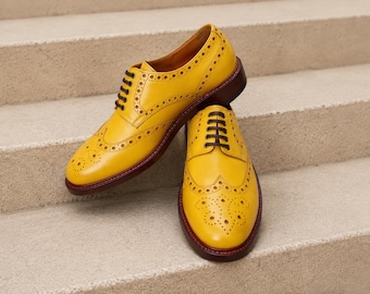 Men's Shoes Handmade Leather Yellow Formal Casual Wingtip Brogue Lace up Shoe