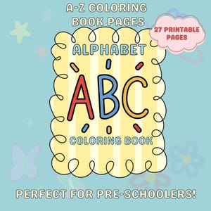 May include: A-Z coloring book pages with the word "ALPHABET" in large letters. The letters "ABC" are in red, blue, and yellow. The text "COLORING BOOK" is below the letters. The image has a light blue background.