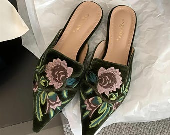 Green Embroidered Velvet Pointed Toe Mule Flats for Women | Floral Slip On Shoes | Handmade Luxury Loafers | Wedding Party Shoes