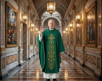 Casulla católica verde con bordado de cruz dorada, vestimenta litúrgica para sacerdote, túnica para la Misa del Tiempo Ordinario.