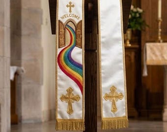 Rainbow Clergy Stole with Embroidered Cross Welcome Design Polyester Satin Pastor Stole Ordination Gift