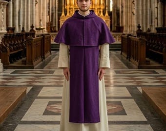 Abito monastico in lana con cappuccio in pellegrina, veste religiosa personalizzata bicolore, regalo per l'ordinazione.
