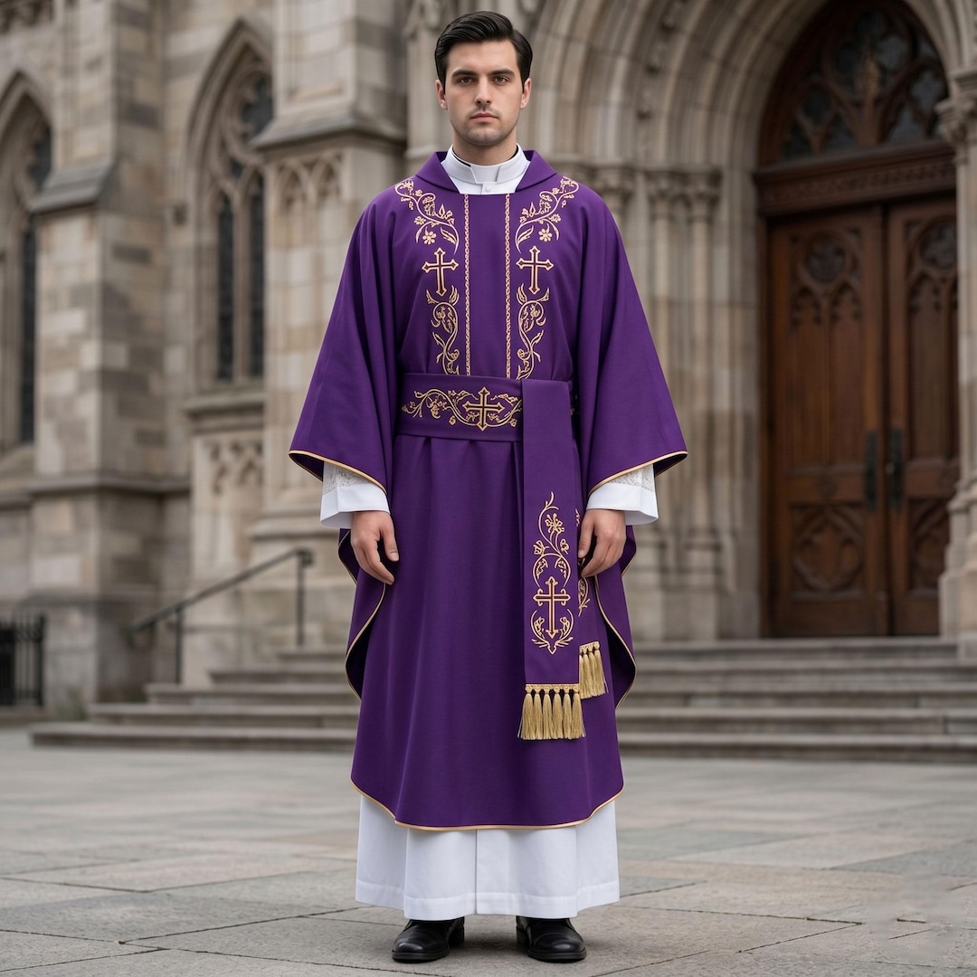 Purple Clergy Cassock With Gold Cross Embroidery Mens Preaching Robe ...