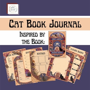 Puede incluir: Un diario de lectura imprimible con temática de gatos que incluye páginas para reseñas, citas, valoraciones y futuros libros. El diseño presenta bordes florales, ilustraciones de gatos y la portada del libro Mystical Cat Shelter.
