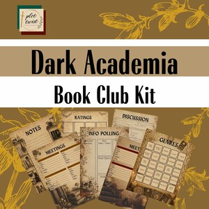Puede incluir: Un conjunto de papelería temática para un club de lectura, con el texto "Dark Academia Book Club Kit". La papelería incluye páginas para notas, calificaciones, discusión e información de reuniones. El diseño incorpora elementos vintage y una calavera.