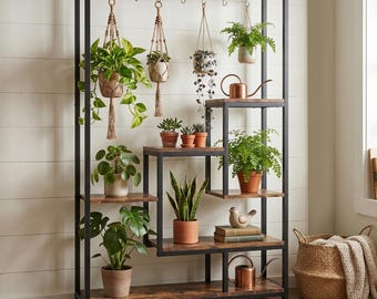 Tall Indoor Plant Stand with Hooks — 5 Tier Large Metal Plant Shelf Furniture, Plants Display Rack, Plant Holder Lover Gift, Farmhouse Decor