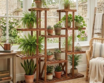 Multi-Tier Wood Plant Stand — Indoor Plant Shelf for Living Room, Boho Plant Display Holder, Plant Lover Gift, Plants Rack Furniture