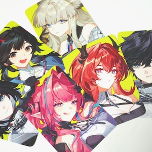 May include: A collection of six anime-style character portraits. Each portrait features a different character with unique hairstyles and facial expressions. The portraits are set against a bright yellow background, creating a vibrant and eye-catching display.