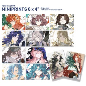 May include: A collection of nine 6 x 4 inch mini prints featuring anime-style illustrations of female characters with various hair colors and styles. The prints are single-sided and printed on 120lb satin premium cardstock.