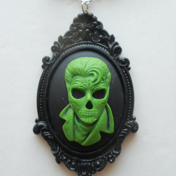 Green Zombie Sugar Skull Elvis Cameo Dia de Los Muertos Necklace