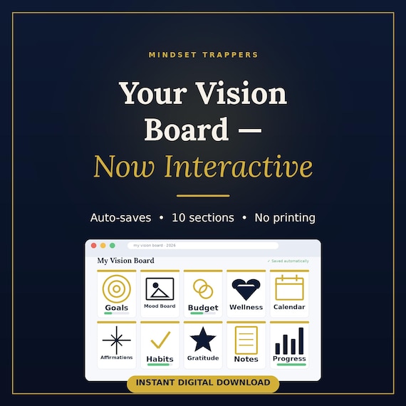 Interactive Digital Vision Board | 2026 Goal Planner & Manifestation Dashboard | Auto-Save Life Planner App | Instant Download